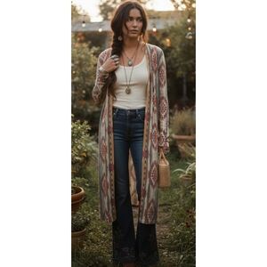 First Love Longline Cardigan Sweater Aztec Print Multicolor Size L